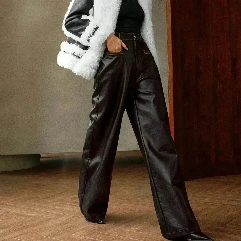 Black Elegant Women's Vintage Washed-Look Long Pants